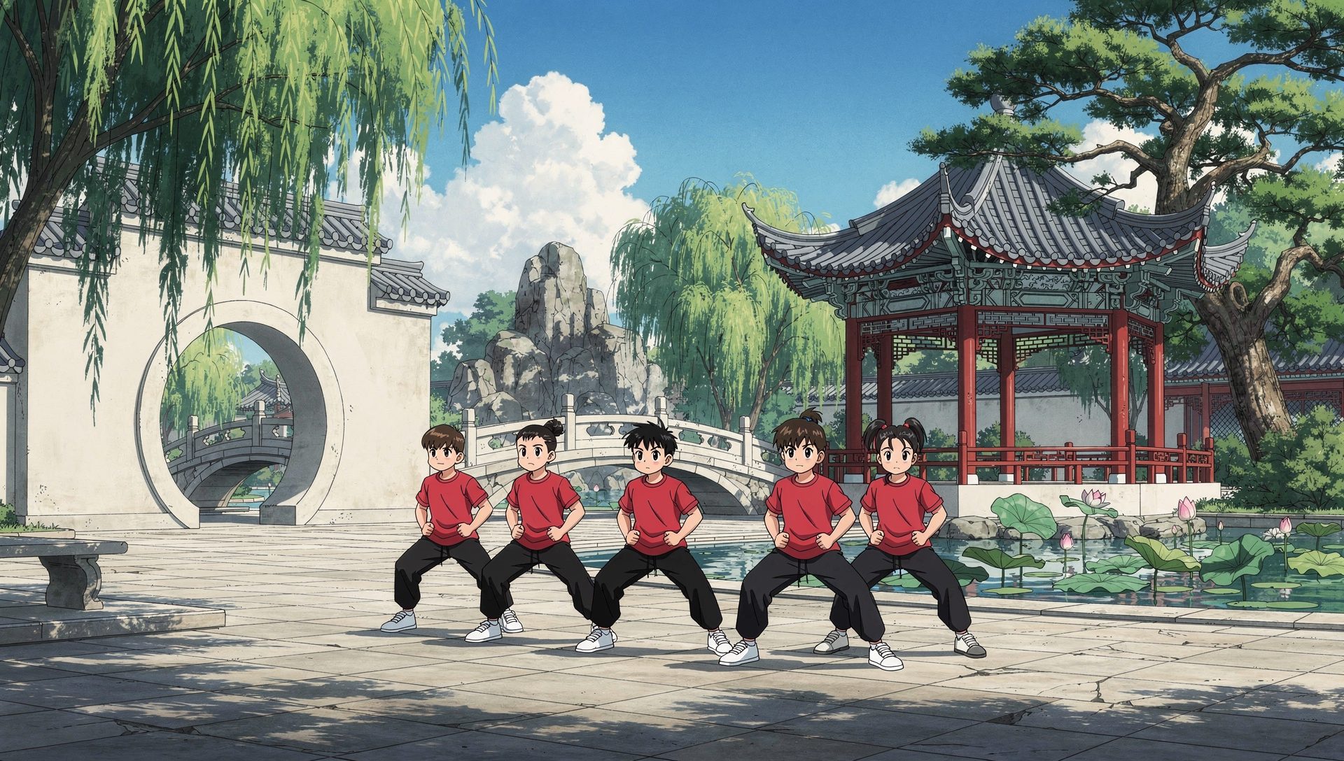 Wushu Unlimited students holding horse stance in a Chinese garden park, anime illustration