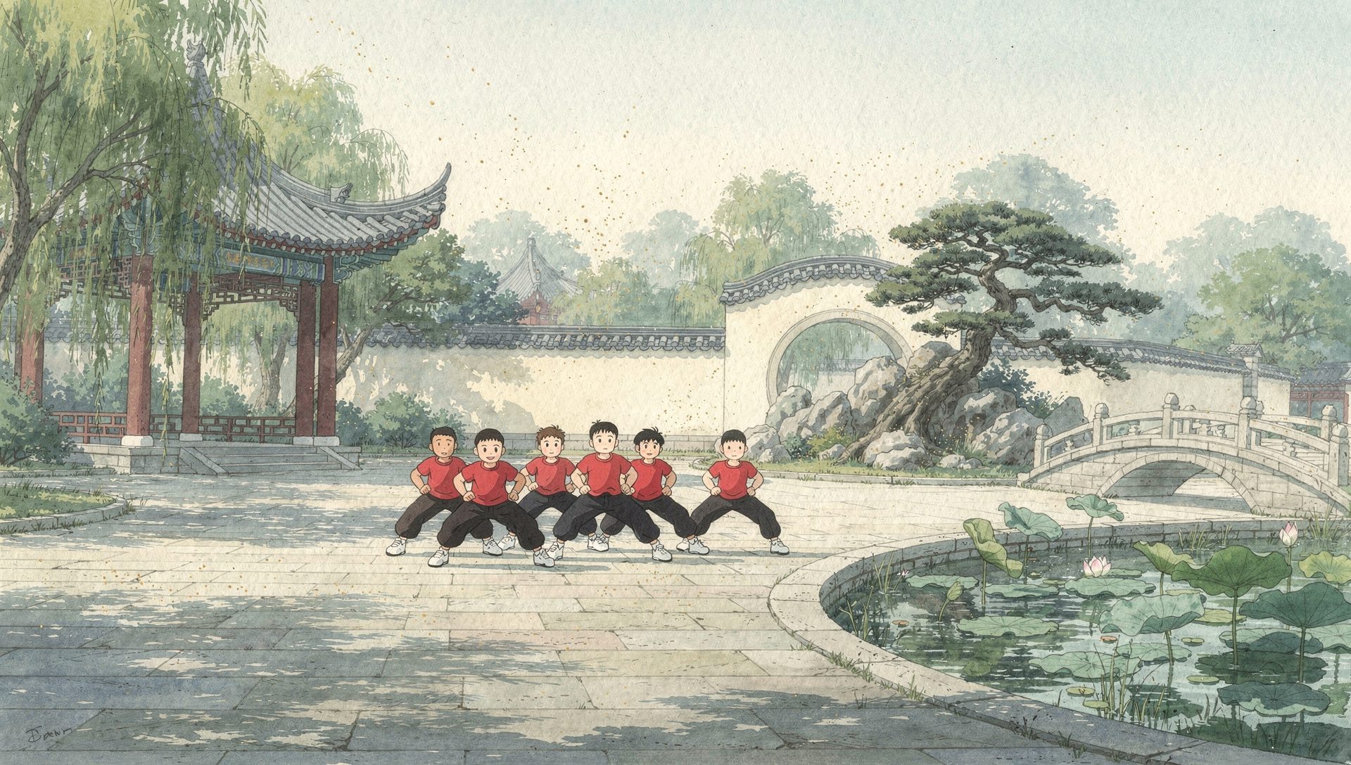Wushu Unlimited students holding horse stance in a Chinese garden park, anime illustration