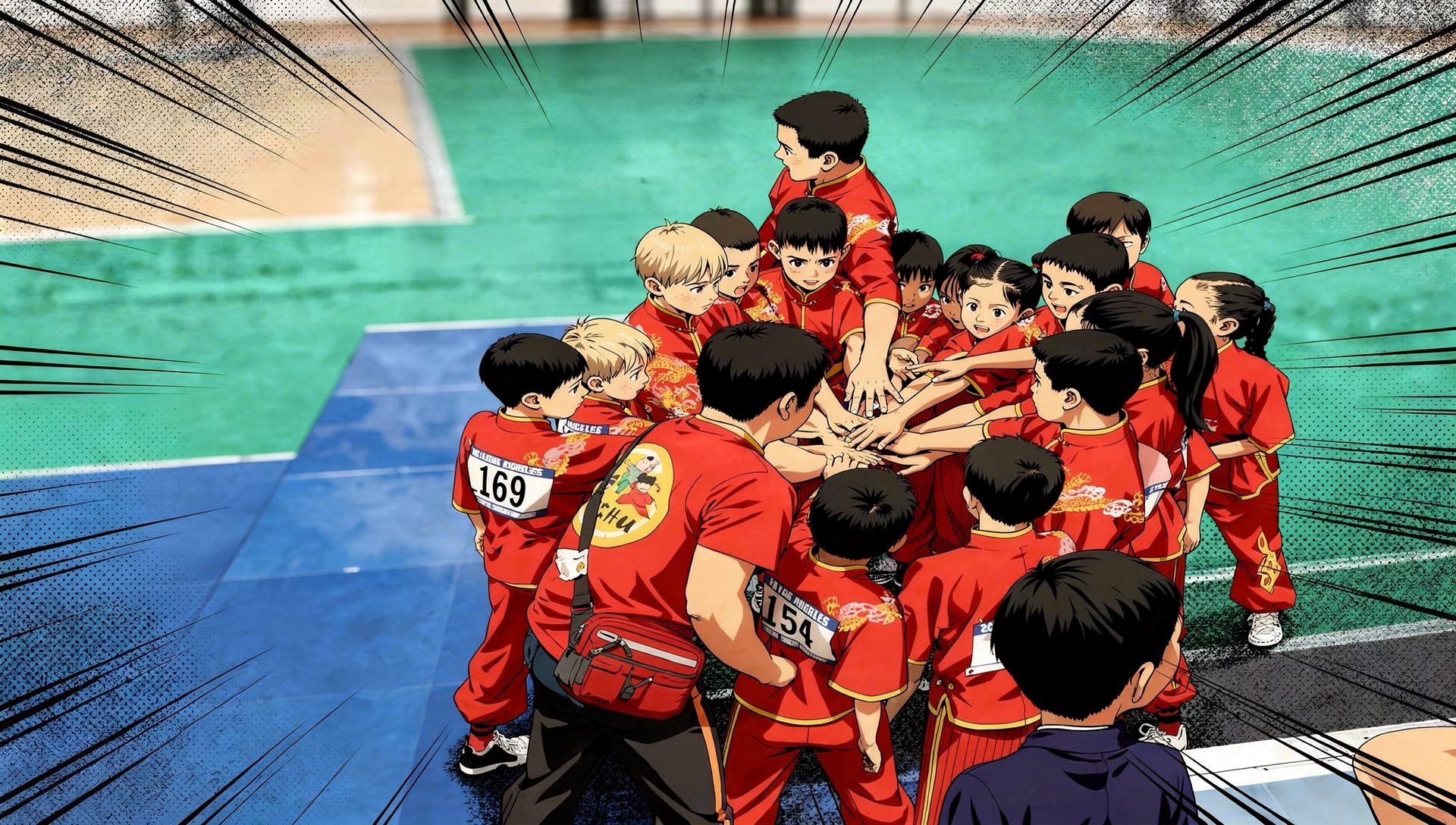 Wushu Unlimited students in a team huddle, anime illustration