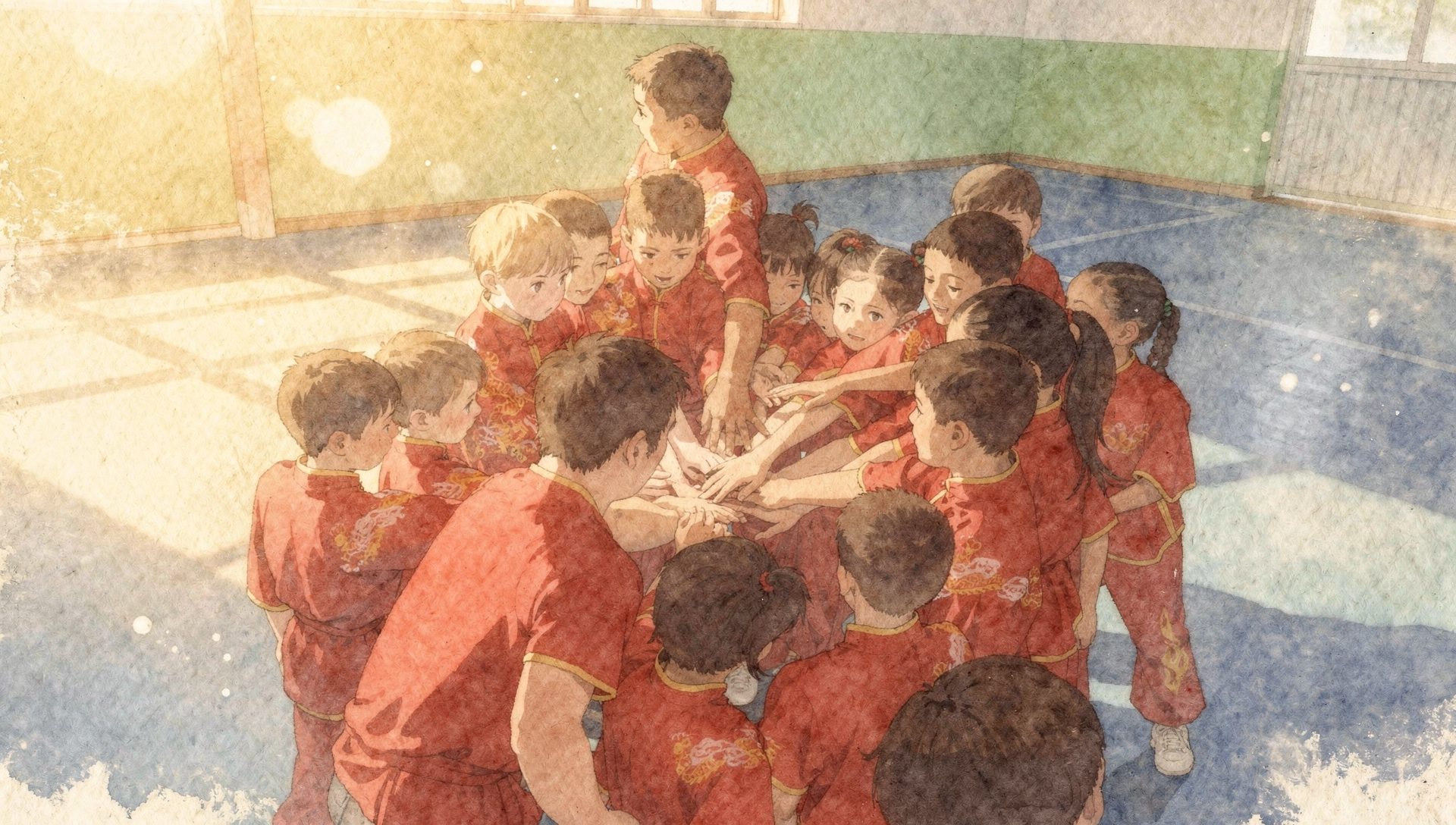 Wushu Unlimited students together in a sunlit hall, painted anime illustration