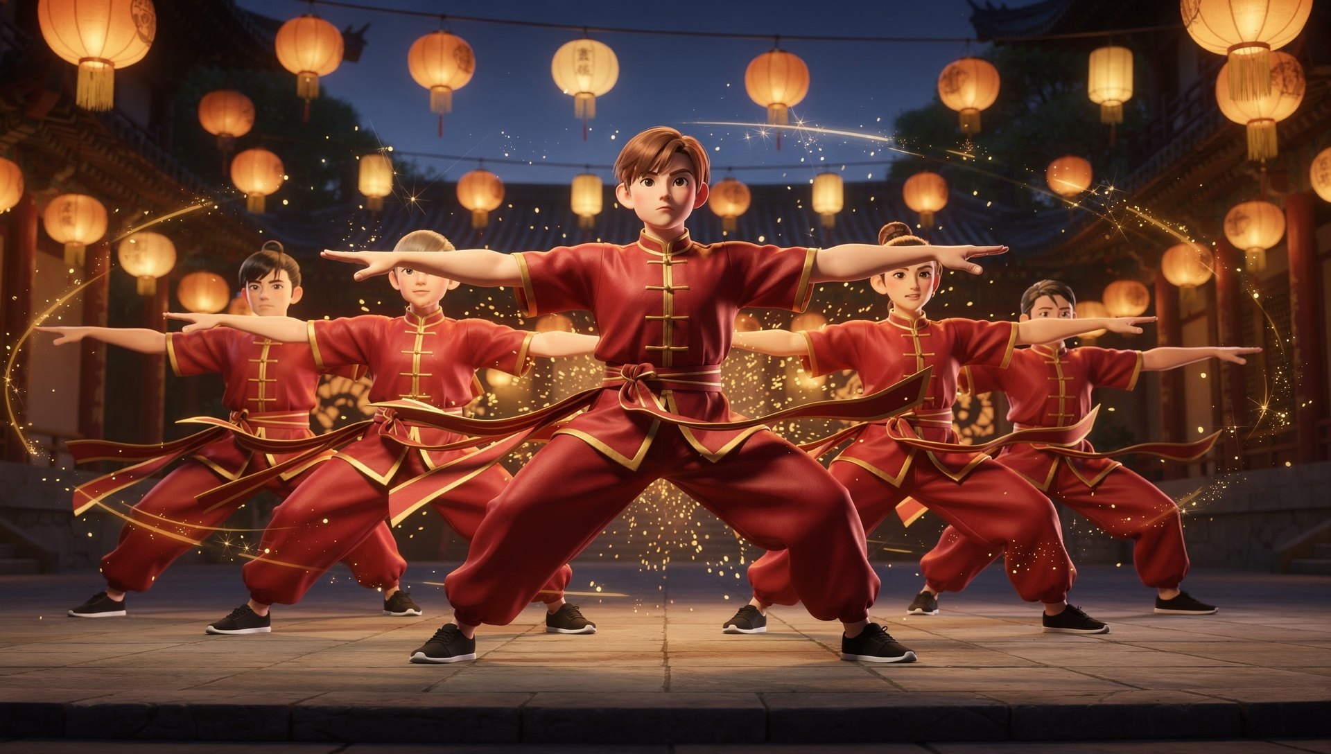 Wushu Unlimited students holding horse stance in a Chinese garden, animated illustration
