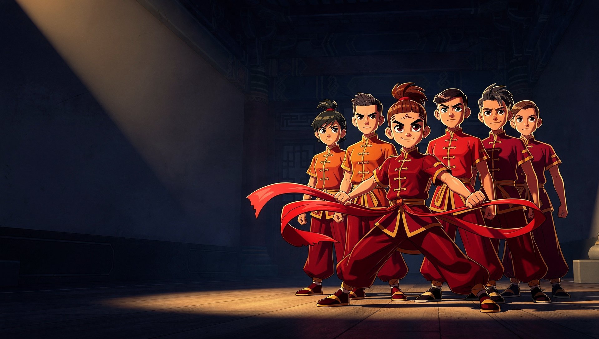 Wushu Unlimited students in a team huddle, animated illustration