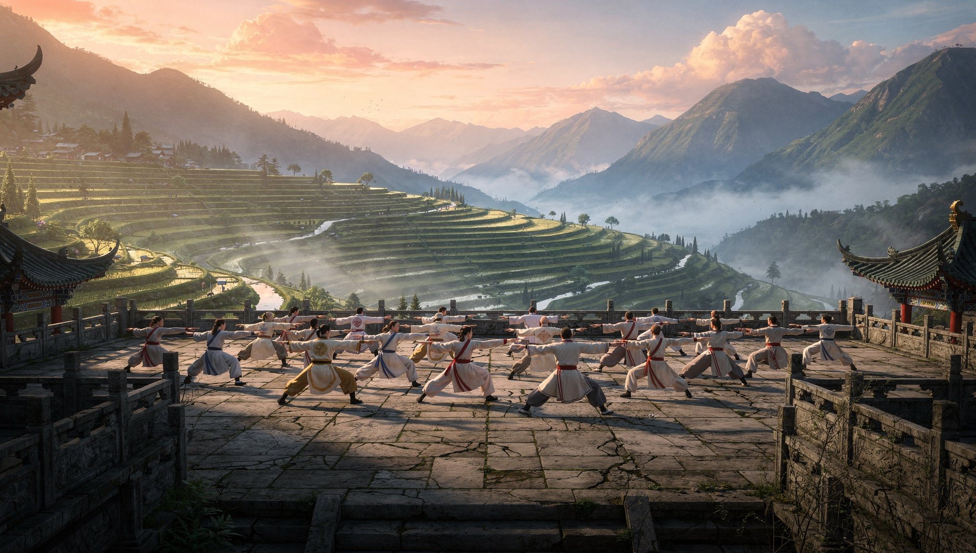 Wushu Unlimited students training at dawn on a mountain temple terrace, animated illustration