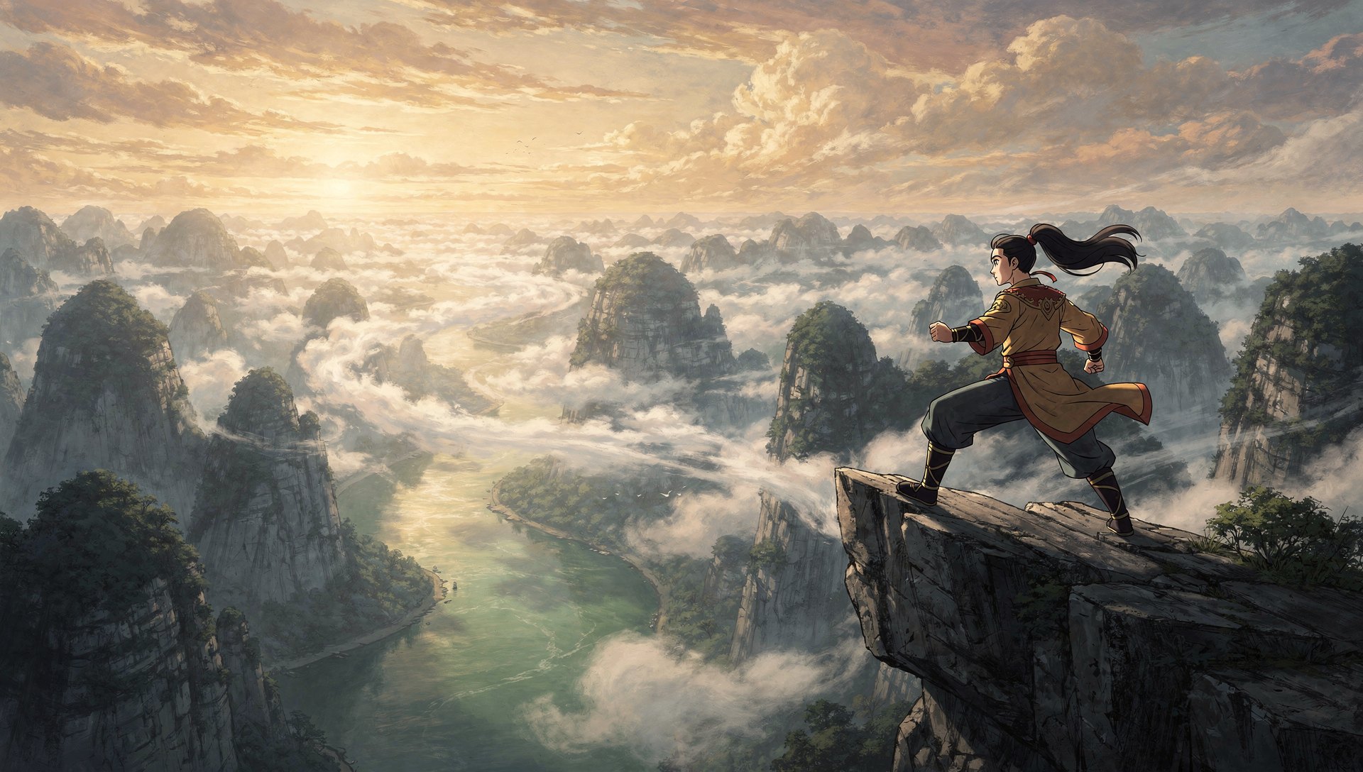 A Wushu Unlimited student training on a cliff above a mountain river gorge, animated illustration