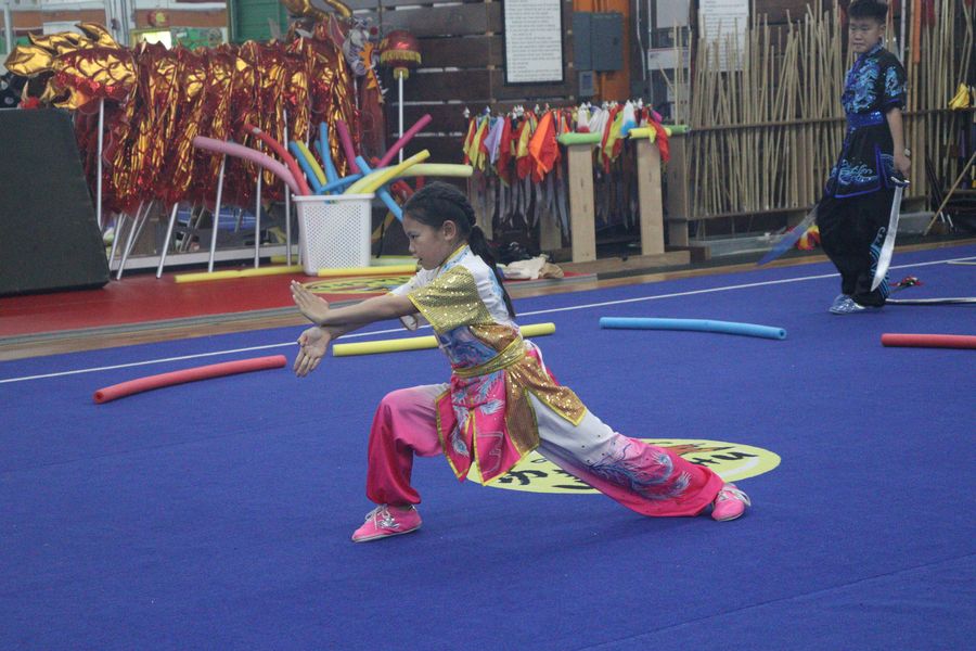 A student in a deep stance during forms practice